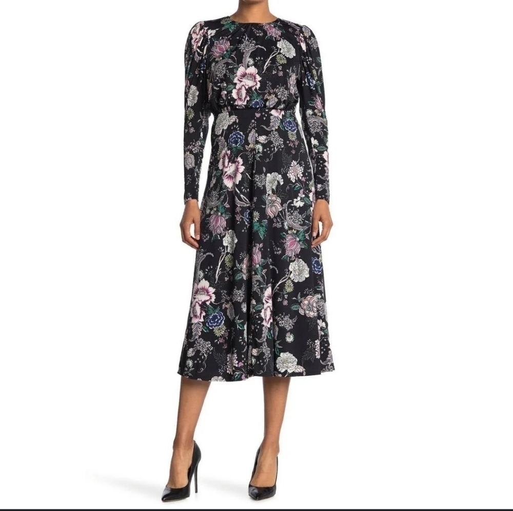 AFRM Womens Delilah Open Back Long Sleeve Floral Midi Dress in Noir Rose XLarge